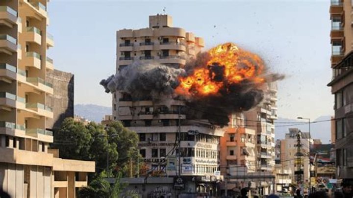 Civilians Abandon Building Being Bombed
